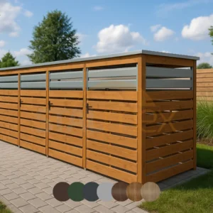 Wiata śmietnikowa modułowa [Warianty] 4-stanowiskowa | Moduł BOX 1 (4x 1100l) | Lamele | Profil