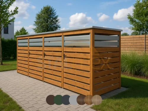 Wiata śmietnikowa modułowa [Warianty] 4-stanowiskowa | Moduł BOX 1 (4x 1100l) | Lamele | Profil