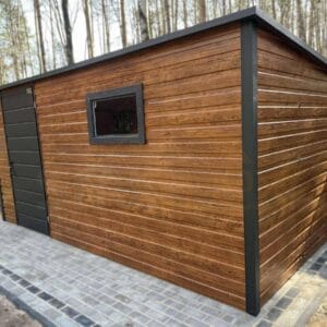 Domek ogrodowy 4,5x2,5 m Złoty Dąb / Grafit | Okno i Filc | Profil