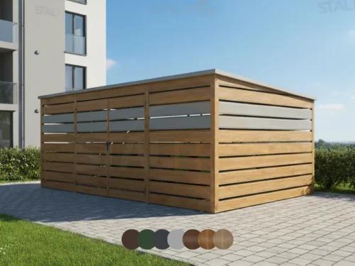 Wiata śmietnikowa 5x3m [Warianty] | Lamele Poziome | Drzwi Dwuskrzydłowe | Profil Ocynkowany