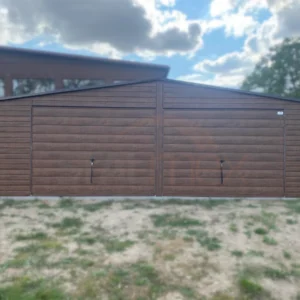 Garaż blaszany Drewnopodobny 8x5 m Orzech | 2 Bramy Uchylne | 2 Okna | Rynny | Profil
