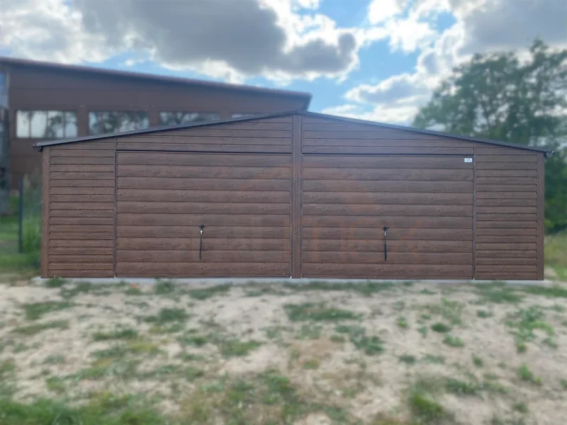 Garaż blaszany Drewnopodobny 8x5 m Orzech | 2 Bramy Uchylne | 2 Okna | Rynny | Profil