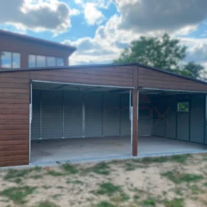 Garaż blaszany Drewnopodobny 8x5 m Orzech | 2 Bramy Uchylne | 2 Okna | Rynny | Profil