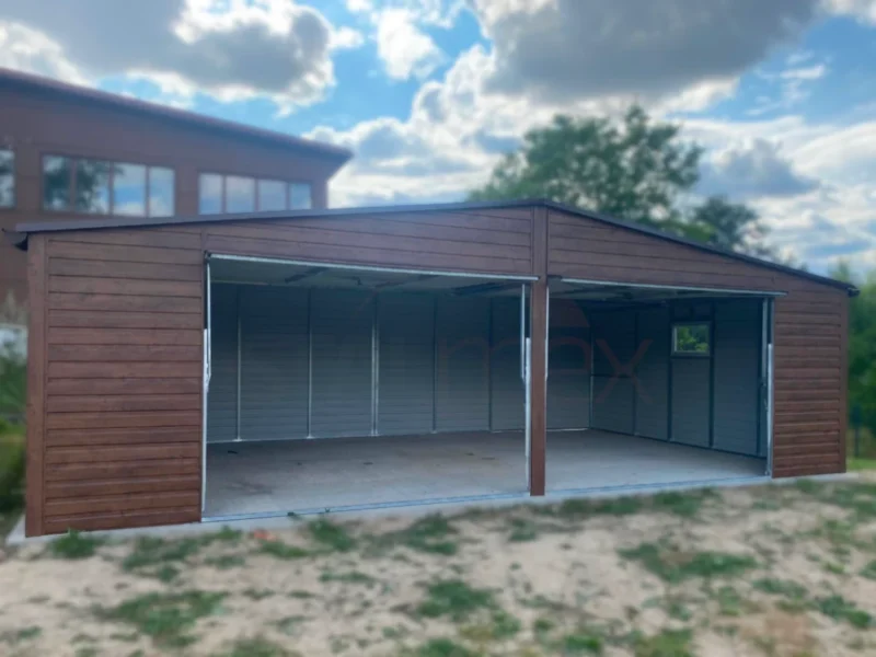 Garaż blaszany Drewnopodobny 8x5 m Orzech | 2 Bramy Uchylne | 2 Okna | Rynny | Profil