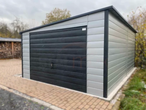 Garaż blaszany 4x6m Szary / Grafit drewnopodobny | Spad Boczny | Okna | Profil