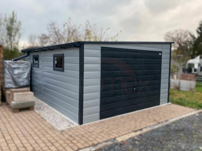Garaż blaszany 4x6m Szary / Grafit drewnopodobny | Spad Boczny | Okna | Profil
