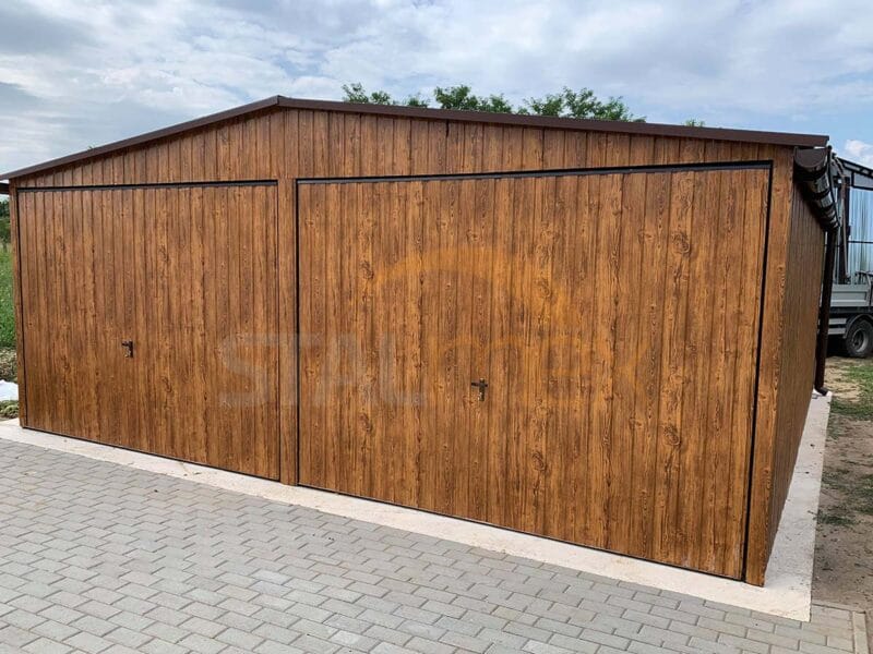 Garaż blaszany Drewnopodobny 6×5 m Złoty Dąb | Dach Dwuspadowy | 2 Bramy Uchylne