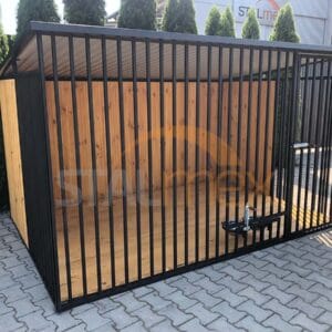 Kojec dla psa 3x2 m Czarny | Zabudowa Drewnem | Drewniana Podłoga | Obrotowe Miski | Profile Pionowe