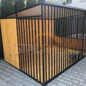 Kojec dla psa 3x2 m Czarny | Zabudowa Drewnem | Drewniana Podłoga | Obrotowe miski | Profile Pionowe