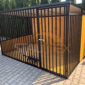 Kojec dla psa 3x2 m Czarny | Zabudowa Drewnem | Drewniana Podłoga | Obrotowe miski | Profile Pionowe