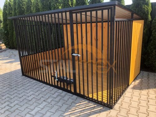 Kojec dla psa 3x2 m Czarny | Zabudowa Drewnem | Drewniana Podłoga | Obrotowe miski | Profile Pionowe