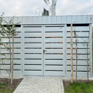 Wiata Śmietnikowa Premium 3,80 x 6,00 m RAL 9006 jasny szary | Blenda Maskująca Dach | Lamele Poziome | Profil
