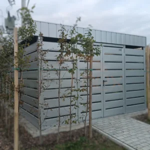 Wiata Śmietnikowa Premium 3,80 x 6,00 m RAL 9006 jasny szary | Blenda Maskująca Dach | Lamele Poziome | Profil