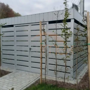 Wiata Śmietnikowa Premium 3,80 x 6,00 m RAL 9006 jasny szary | Blenda Maskująca Dach | Lamele Poziome | Profil