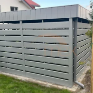 Wiata Śmietnikowa Premium 3,80 x 6,00 m RAL 9006 jasny szary | Blenda Maskująca Dach | Lamele Poziome | Profil