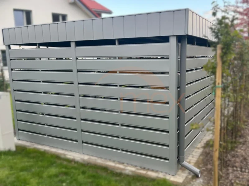 Wiata Śmietnikowa Premium 3,80 x 6,00 m RAL 9006 jasny szary | Blenda Maskująca Dach | Lamele Poziome | Profil