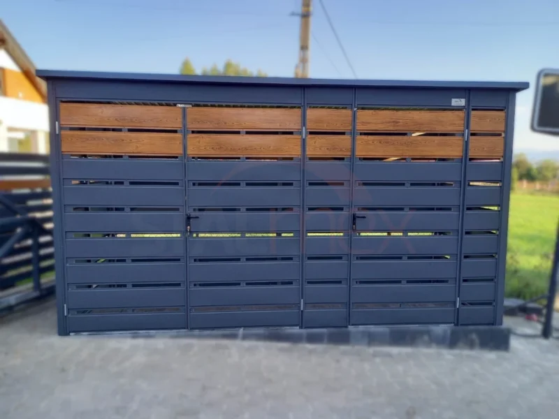 WS41-1 Wiata Śmietnikowa 4,00x1,00 m Grafit z lamelami złoty dąb | Drzwi 2×2 m + 1×2 m | Profil
