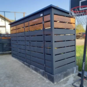 WS41-2 Wiata Śmietnikowa 4,00x1,00 m Grafit z lamelami złoty dąb | Drzwi 2×2 m + 1×2 m | Profil
