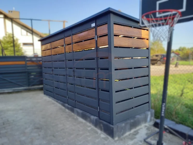 WS41-2 Wiata Śmietnikowa 4,00x1,00 m Grafit z lamelami złoty dąb | Drzwi 2×2 m + 1×2 m | Profil