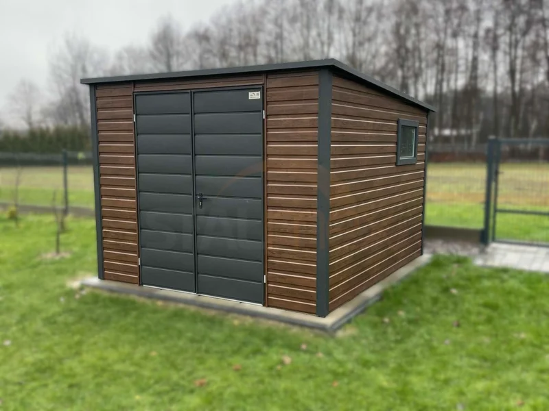 D211-1 Domek narzędziowy 2,80×3,00 m Orzech | Drzwi 1,50 m Grafit | Dach Jednospadowy