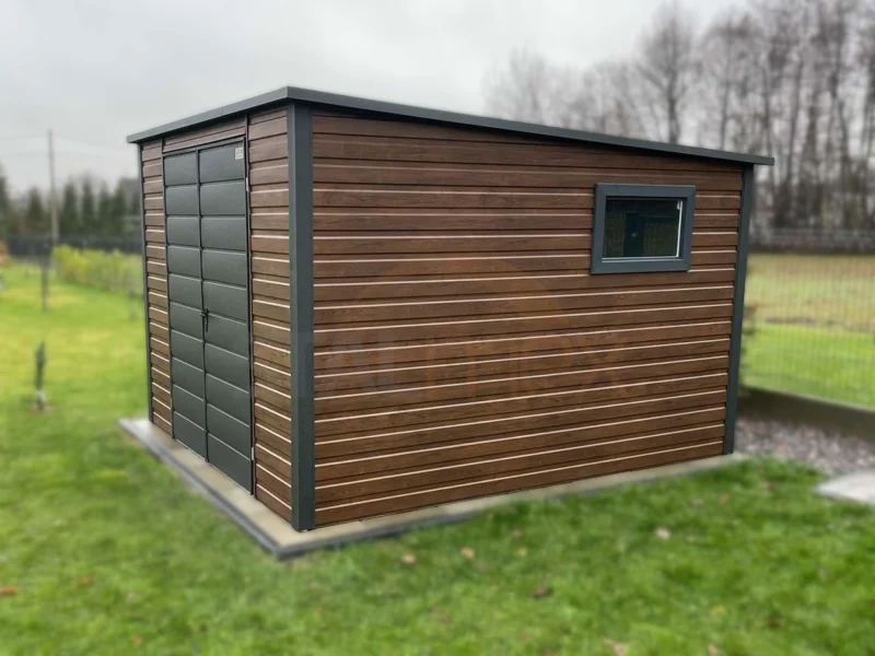 D211-2 Domek narzędziowy 2,80×3,00 m Orzech | Drzwi 1,50 m Grafit | Dach Jednospadowy