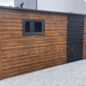 D215_2 Nowoczesny Domek ogrodowy 4,5×2,5 m Złoty Dąb / Grafit | Okno | Filc i Rynny | Profil