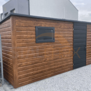 D215_3 Nowoczesny Domek ogrodowy 4,5×2,5 m Złoty Dąb / Grafit | Okno | Filc i Rynny | Profil
