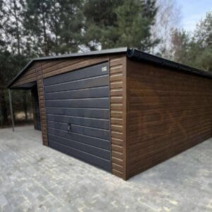 GD144_1 Garaż blaszany z Wnęką zadaszoną 7x5m Orzech / Grafit | Osobne Drzwi i Okno | Filc i Rynny | Profil