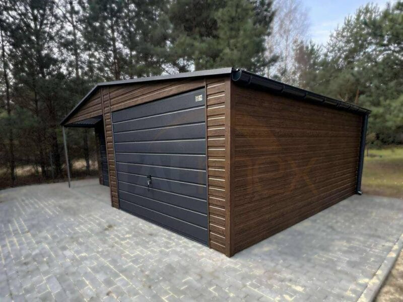 GD144_1 Garaż blaszany z Wnęką zadaszoną 7x5m Orzech / Grafit | Osobne Drzwi i Okno | Filc i Rynny | Profil