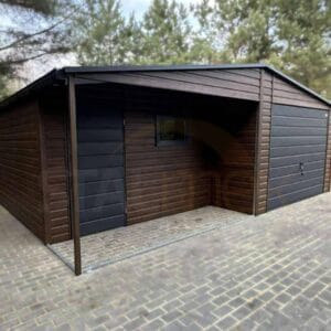GD144_2 Garaż blaszany z Wnęką zadaszoną 7x5m Orzech / Grafit | Osobne Drzwi i Okno | Filc i Rynny | Profil