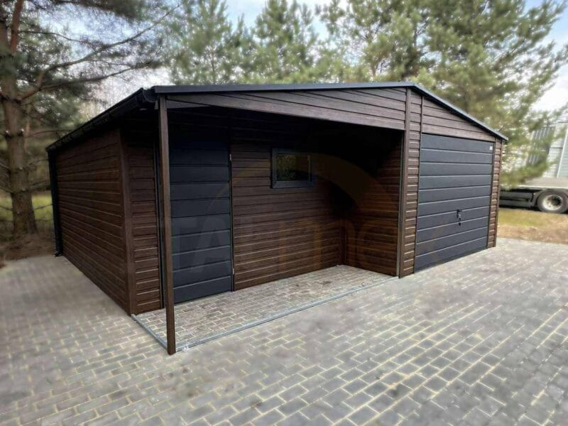 GD144_2 Garaż blaszany z Wnęką zadaszoną 7x5m Orzech / Grafit | Osobne Drzwi i Okno | Filc i Rynny | Profil