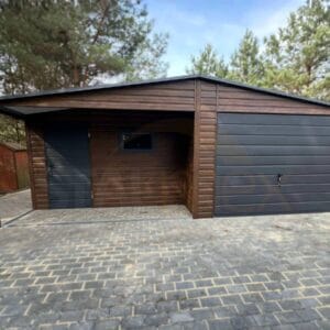 GD144_3 Garaż blaszany z Wnęką zadaszoną 7x5m Orzech / Grafit | Osobne Drzwi i Okno | Filc i Rynny | Profil