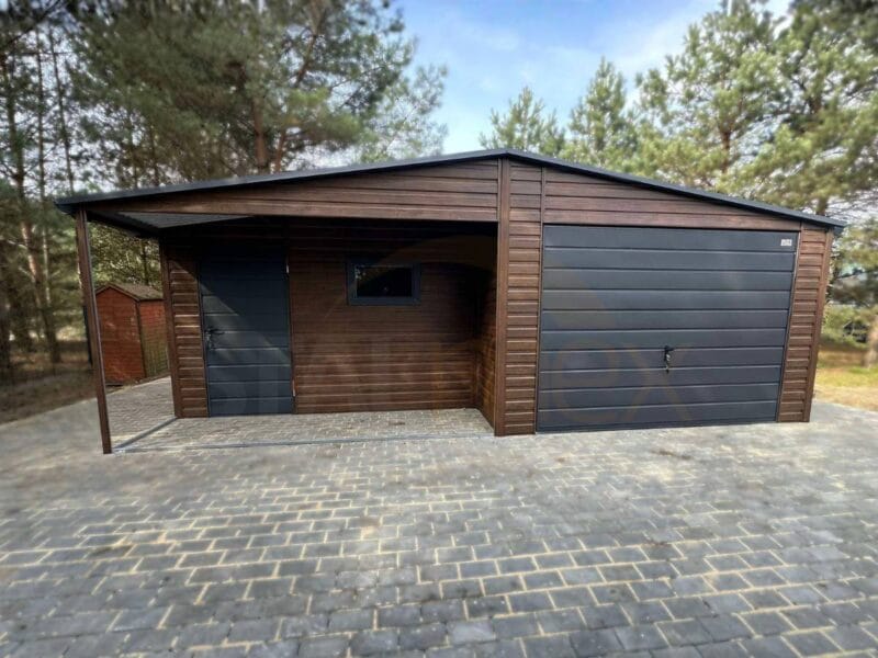 GD144_3 Garaż blaszany z Wnęką zadaszoną 7x5m Orzech / Grafit | Osobne Drzwi i Okno | Filc i Rynny | Profil