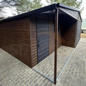 GD144_4 Garaż blaszany z Wnęką zadaszoną 7x5m Orzech / Grafit | Osobne Drzwi i Okno | Filc i Rynny | Profil