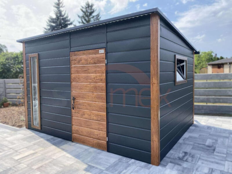 Nowoczesny Domek narzędziowy 4×3 m Grafit BTX 7016 / Złoty dąb | Rynny i Okna | Profil