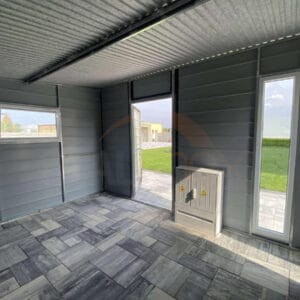 Nowoczesny Domek narzędziowy 4×3 m Grafit BTX 7016 / Złoty dąb | Rynny i Okna | Profil