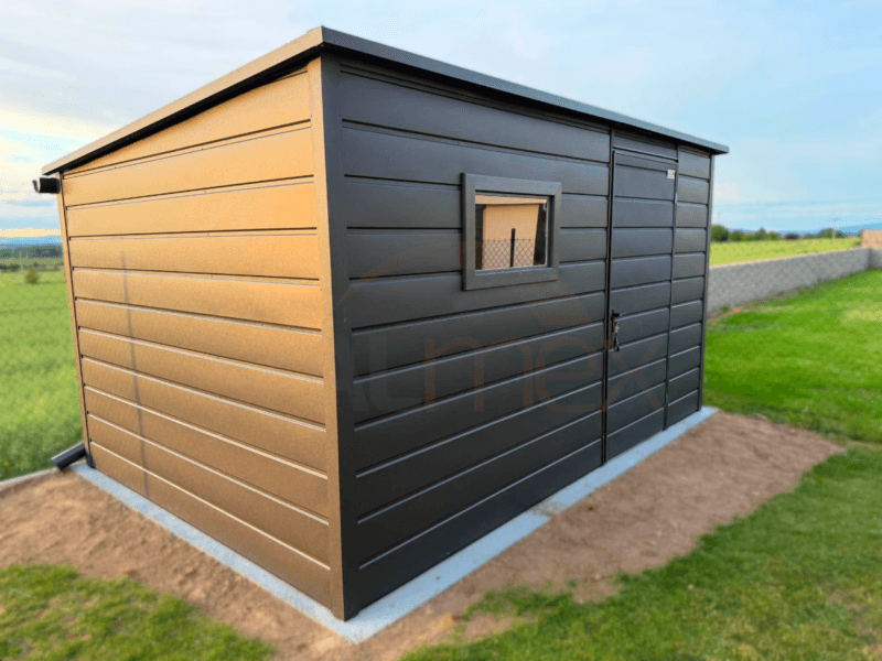 Nowoczesny Domek narzędziowy 4×2,80 m Grafit BTX 7016 | Okno i Rynny | Filc | Profil