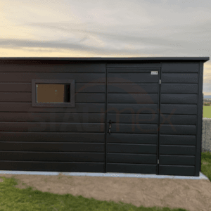 Nowoczesny Domek narzędziowy 4×2,80 m Grafit BTX 7016 | Okno i Rynny | Filc | Profil