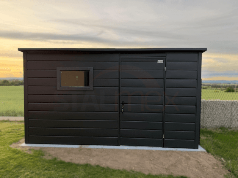 Nowoczesny Domek narzędziowy 4×2,80 m Grafit BTX 7016 | Okno i Rynny | Filc | Profil