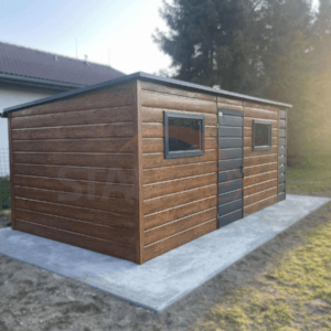 Nowoczesny Domek ogrodowy z Wiatą 5,5×3 m Złoty Dąb / Grafit | Okna i Rynny | Profil