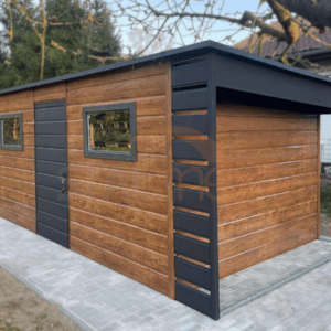 Nowoczesny Domek ogrodowy z Wiatą 5,5×3 m Złoty Dąb / Grafit | Okna i Rynny | Profil