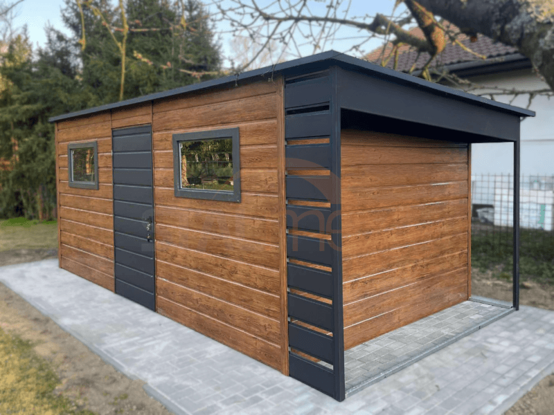 Nowoczesny Domek ogrodowy z Wiatą 5,5×3 m Złoty Dąb / Grafit | Okna i Rynny | Profil