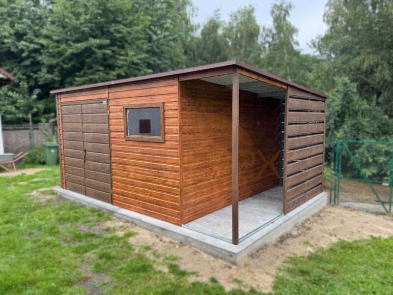 Nowoczesny Domek ogrodowy z Wiatą 5×3,5 m Złoty Dąb / Orzech | Lamele | Okno | Profil