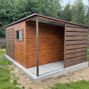 Nowoczesny Domek ogrodowy z Wiatą 5×3,5 m Złoty Dąb / Orzech | Lamele | Okno | Profil