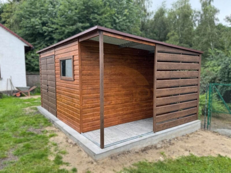 Nowoczesny Domek ogrodowy z Wiatą 5×3,5 m Złoty Dąb / Orzech | Lamele | Okno | Profil