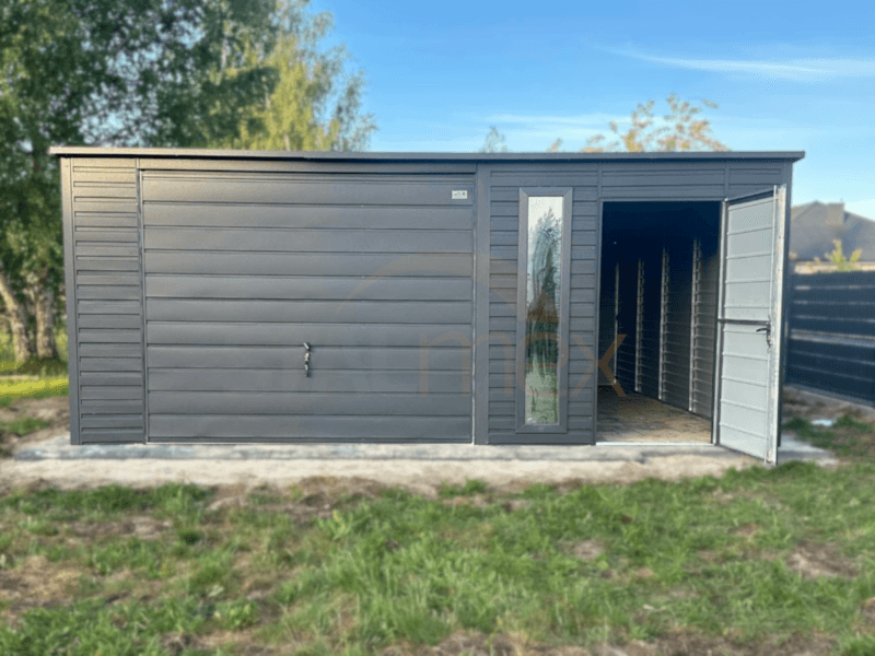 2 Garaż blaszany 6x6m Grafit BTX 7016 | Podwyższony Wjazd 2,10m | Okno FIX | Profil