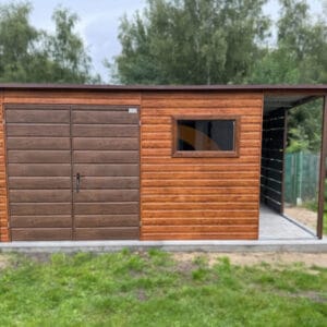 Nowoczesny Domek ogrodowy z Wiatą 5×3,5 m Złoty Dąb / Orzech | Lamele | Okno | Profil