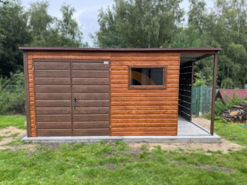 Nowoczesny Domek ogrodowy z Wiatą 5×3,5 m Złoty Dąb / Orzech | Lamele | Okno | Profil