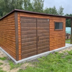 Nowoczesny Domek ogrodowy z Wiatą 5×3,5 m Złoty Dąb / Orzech | Lamele | Okno | Profil