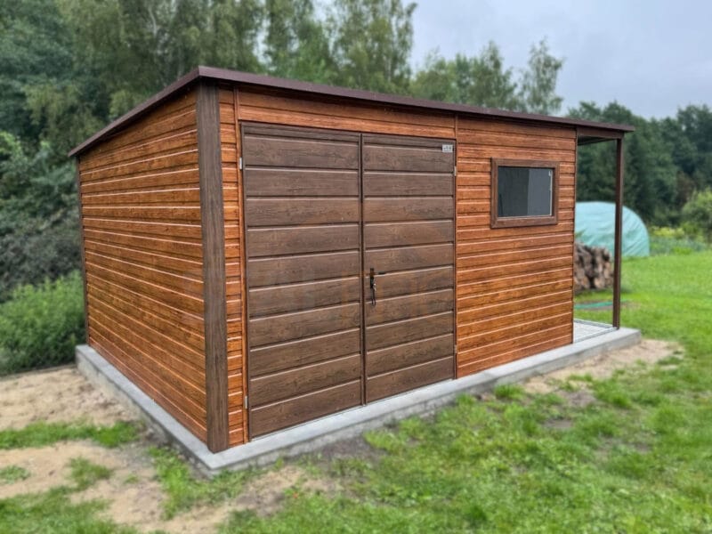Nowoczesny Domek ogrodowy z Wiatą 5×3,5 m Złoty Dąb / Orzech | Lamele | Okno | Profil